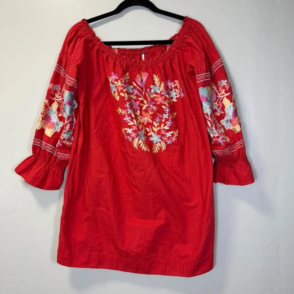 Free People Fleur Du Jour‎ Embroidered Off The Shoulder Mini Dress Cotton Boho L